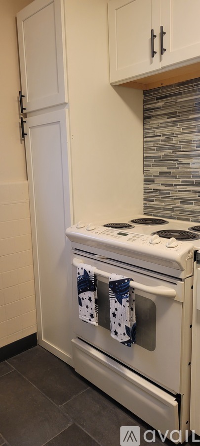 A white oven with blue and white towels hanging from the handle.