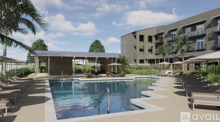 A pool surrounded by sun loungers and umbrellas with a building in the background.