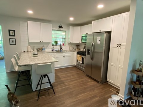 A kitchen with a table and chairs and a cat.