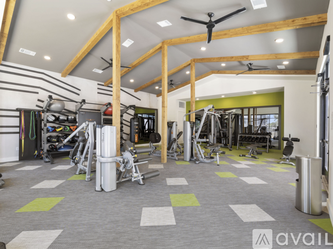 A gym with a variety of equipment and a green wall.