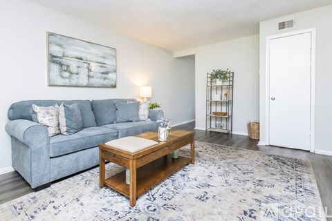 A living room with a grey couch, a wooden coffee table, and a rug.