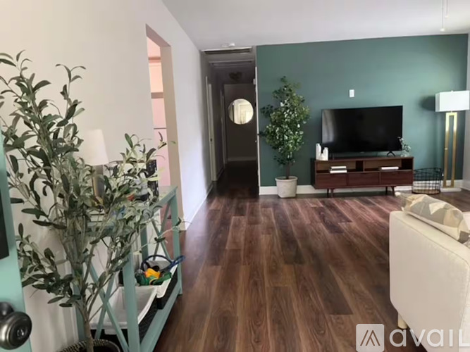 A living room with a television and a plant.