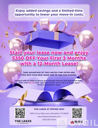 A promotional image for a 12-month lease deal offering $350 off the first three months.