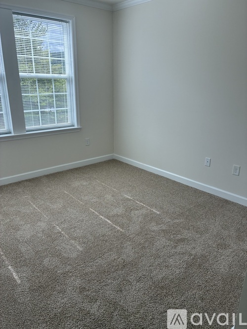 A room with a carpeted floor and a window with blinds.