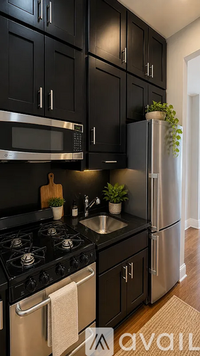 A kitchen with black cabinets and stainless steel appliances.