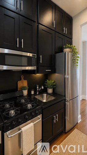 A kitchen with black cabinets and stainless steel appliances.