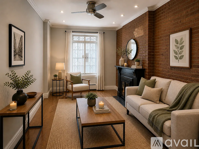 A living room with a fireplace and a couch.