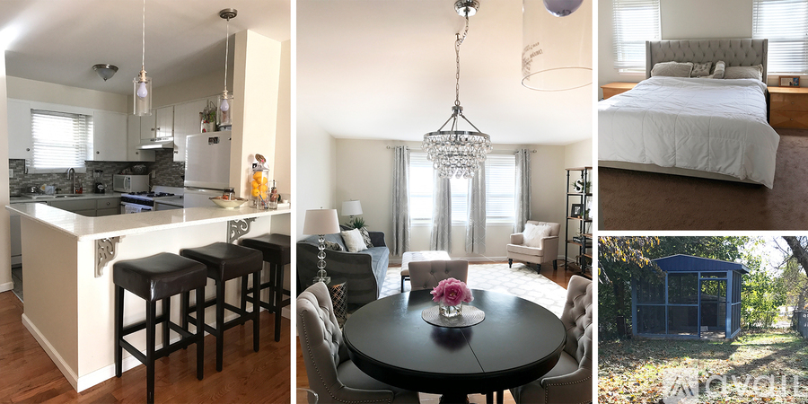 A collage of images showing a kitchen, bedroom, dining area, and outdoor space.