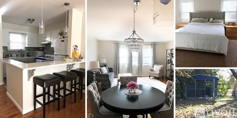 A collage of images showing a kitchen, bedroom, dining area, and outdoor space.