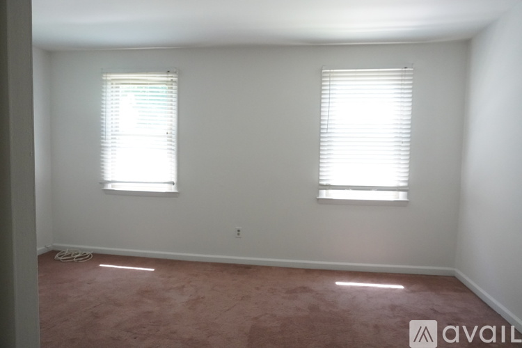 A room with two windows and carpeted floor.
