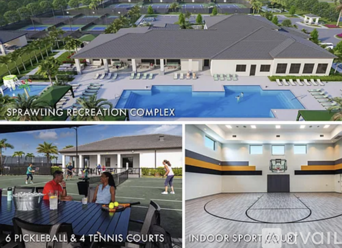 A recreation complex with a swimming pool, pickleball and tennis courts, and an indoor sports court.