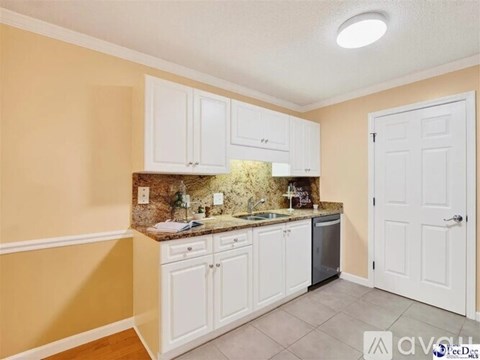 A kitchen with white cabinets and a granite countertop.