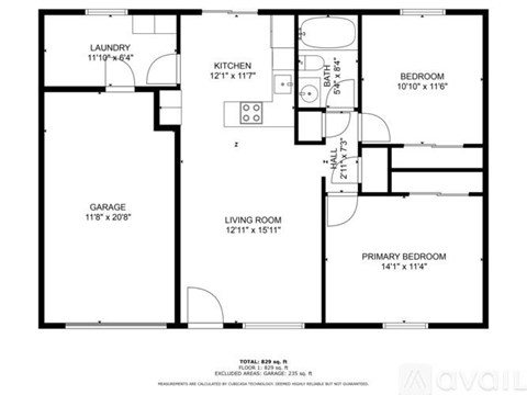 A floor plan of a house with a laundry room, kitchen, bedrooms, and a garage.