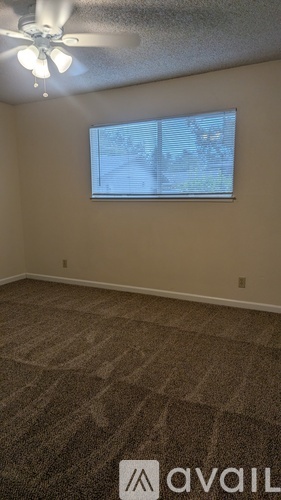 A room with a carpeted floor and a window with blinds.