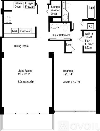 A floor plan of an apartment with a living room, dining room, guest bathroom, and bedroom.