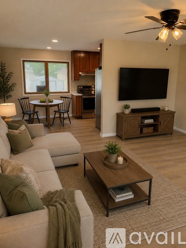 A living room with a couch, a coffee table, a television, and a dining table with chairs.
