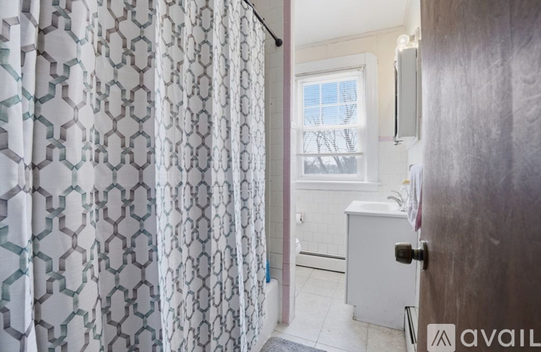 A bathroom with a shower curtain and a window.