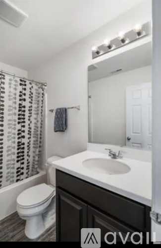 A bathroom with a toilet, sink, and mirror.