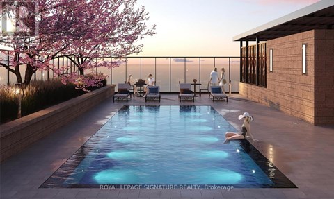 A pool with people sitting on the edge and a dog sitting in the middle of the pool.