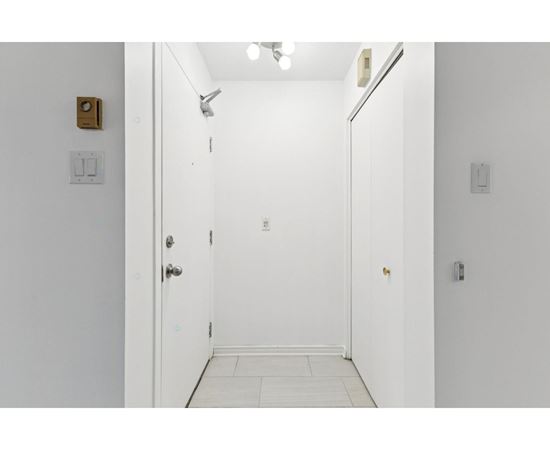 A white door with a gold handle is open.