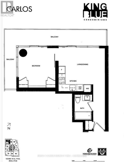A black and white floor plan for a condo unit with a balcony, beige room, living room, kitchen, and bathroom.