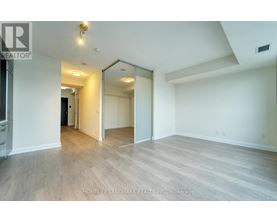 A spacious room with wood flooring and a large mirror on the wall.