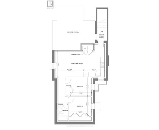 A floor plan of a house with a laundry cupboard, a study, a kitchen, a dining room, and a bathroom.