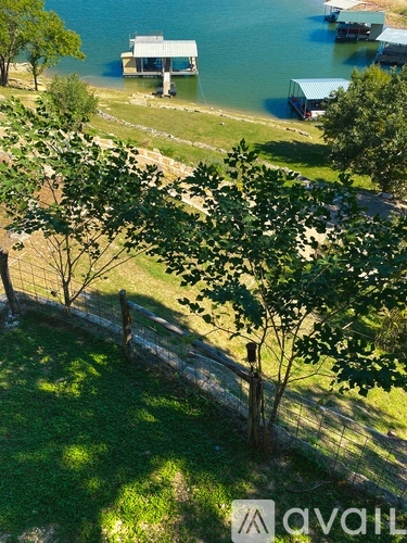 A tree in a grassy field with a fence and a body of water in the background.