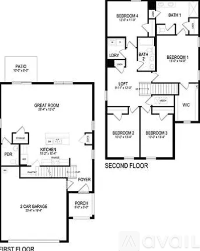 A floor plan of a two-story house with labeled rooms.