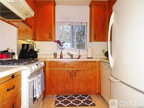 A kitchen with wooden cabinets and a white fridge.