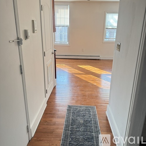 A hallway with a rug on the floor and a door on the left.