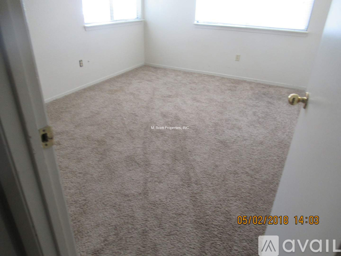 A room with carpeted floor and two windows.