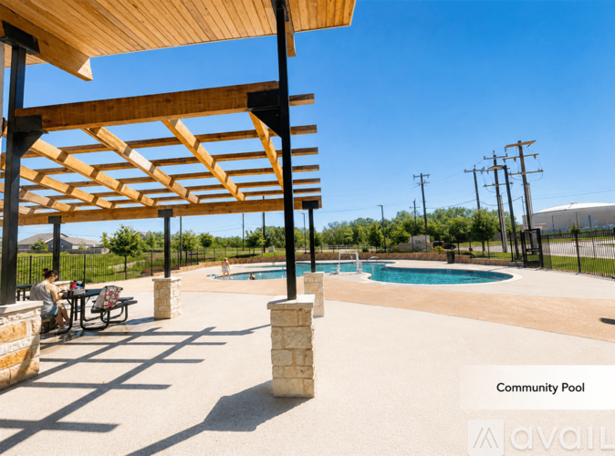 A community pool area with a wooden pergola and people sitting on a bench.