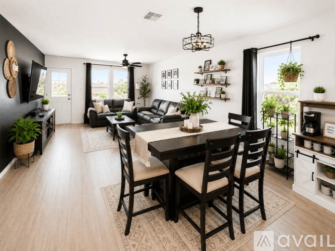 A modern dining room with a large table and chairs.