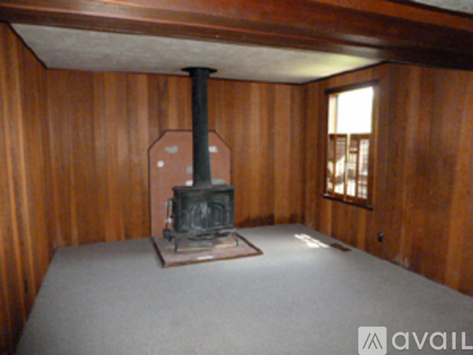A wood stove is in a corner of a room with wood paneling.
