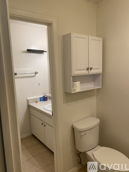 A white toilet in a small bathroom with a cabinet and a towel rack.