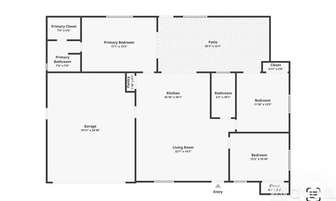 A floor plan of a house with a living room, two bedrooms, a garage, and a kitchen.