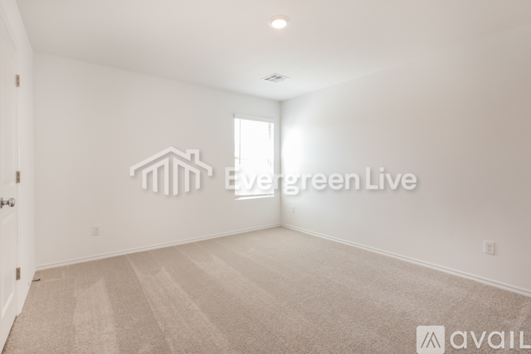 A room with a carpeted floor and a window letting in light.
