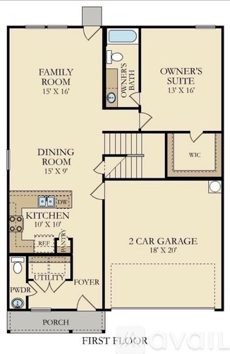A floor plan of a house with a family room, dining room, kitchen, two car garage, and an owner's suite.