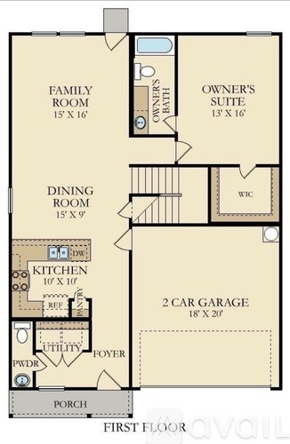 A floor plan of a house with a family room, dining room, kitchen, two car garage, and an owner's suite.