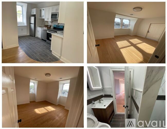 Four images of a kitchen, bathroom, and two bedrooms in a house.