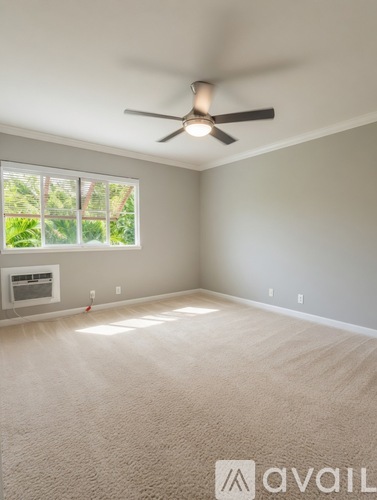 A room with a carpeted floor, a ceiling fan, and a window with blinds.