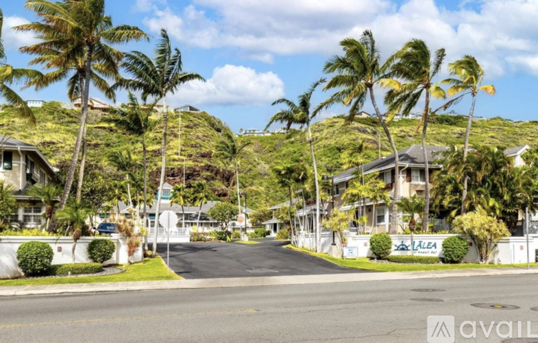 A street view of a residential area with palm trees and houses.