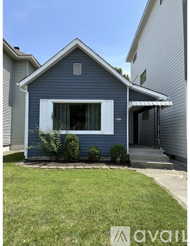 A blue house with a white window and a small garden in front.