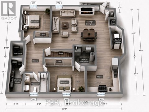 A floor plan of an apartment with a living room, dining area, kitchen, and multiple bedrooms.