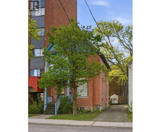 A tree with green leaves is in front of a red brick building.