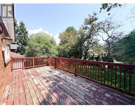 A wooden deck with a railing and trees in the background.
