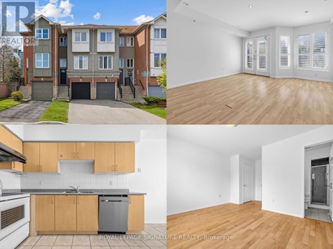 A collage of images showing the exterior, kitchen, and two bedrooms of a property.