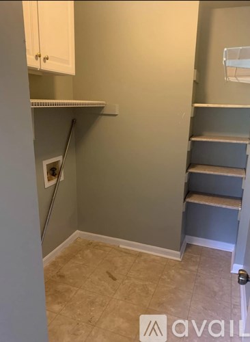 A kitchen pantry with a white cabinet and a grey shelf.