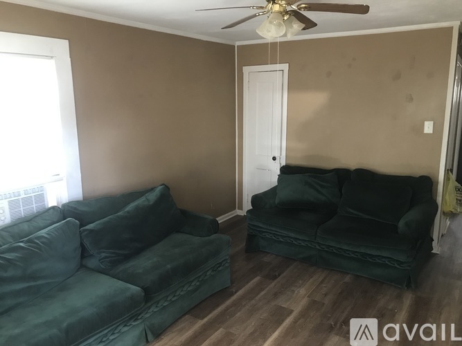 A living room with a green couch and a white door.